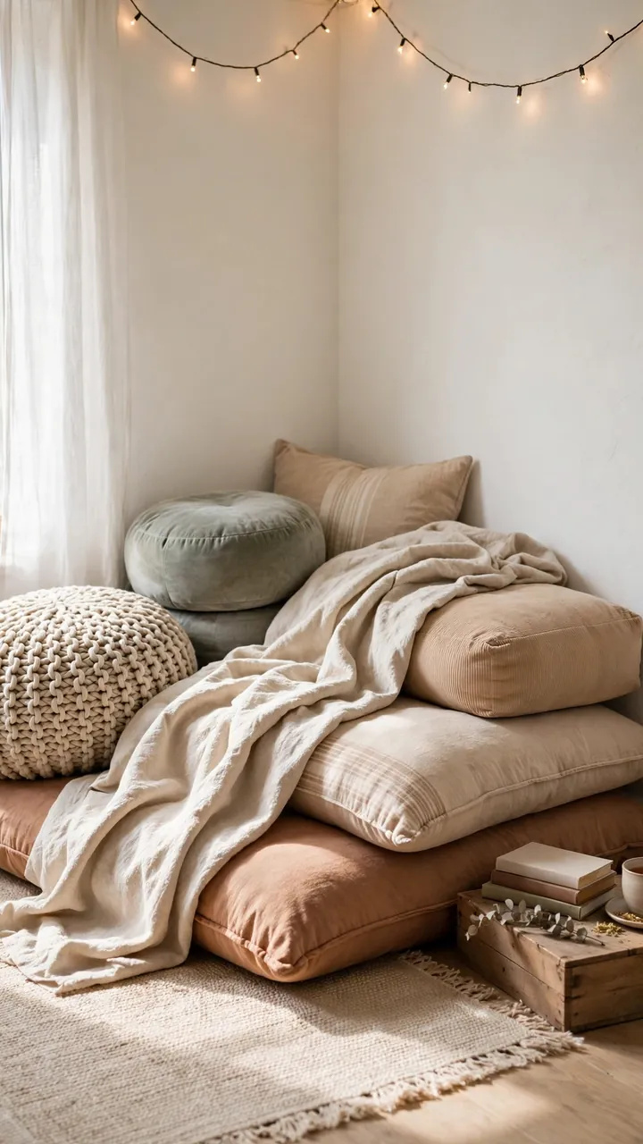 Cozy pile of large floor cushions in a quiet corner with layered blankets, low wooden crate of books and tea, warm string lights overhead