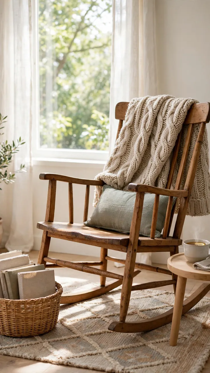 Wooden rocking chair by a bright window with knit throw, lumbar cushion, tiny side table with tea and basket of books