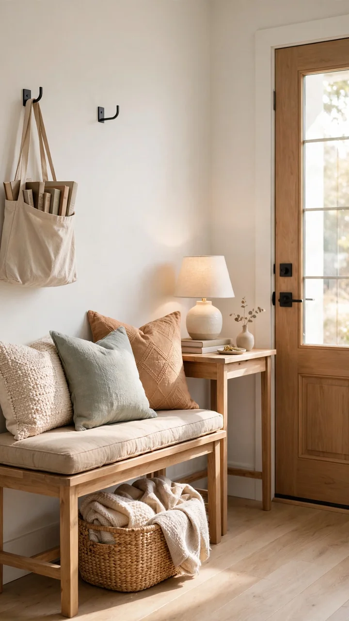 Entryway bench by the front door with long cushion, throw pillows, tote bag of books on a wall hook and basket of blankets