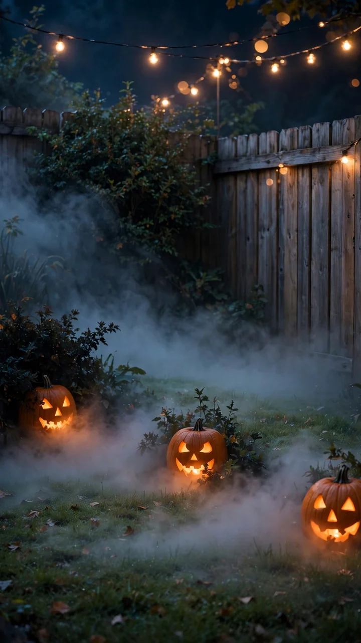Low fog rolling across a backyard corner with glowing pumpkin lanterns
