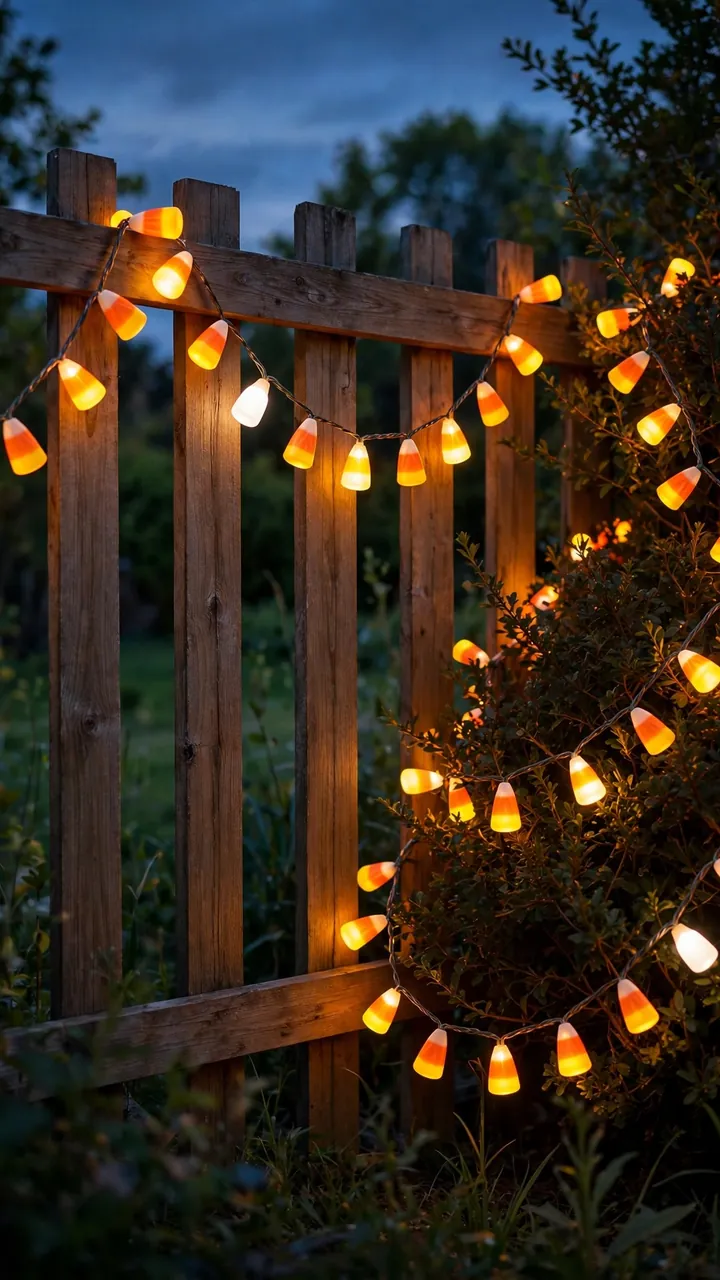 Glowing candy corn string lights draped along a backyard fence