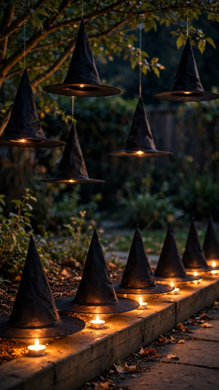 Black witch hats glowing from tea lights along a patio edge