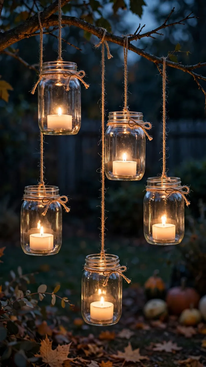 Mason jars with glowing tea lights hanging from a tree branch