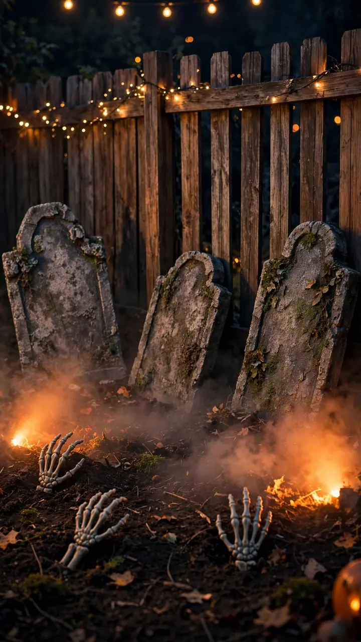 Crooked foam tombstones and skeleton hands along a fence at night