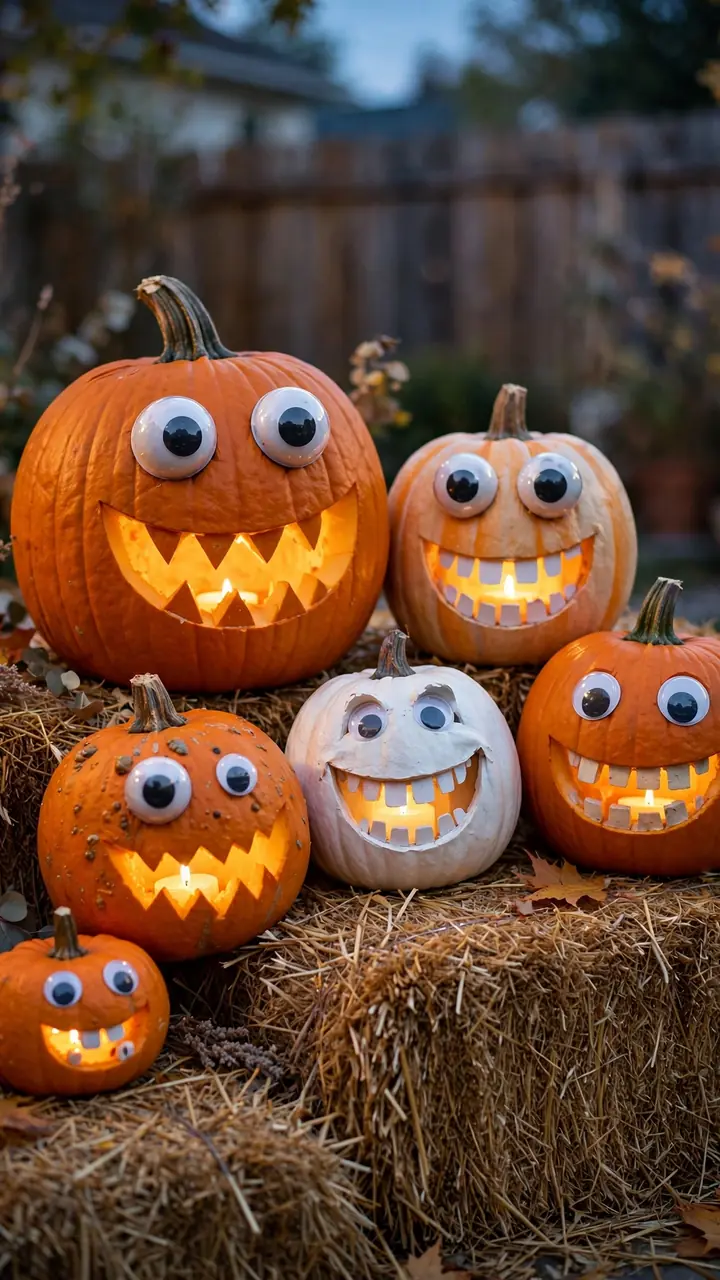 Silly monster pumpkins with googly eyes on hay bales