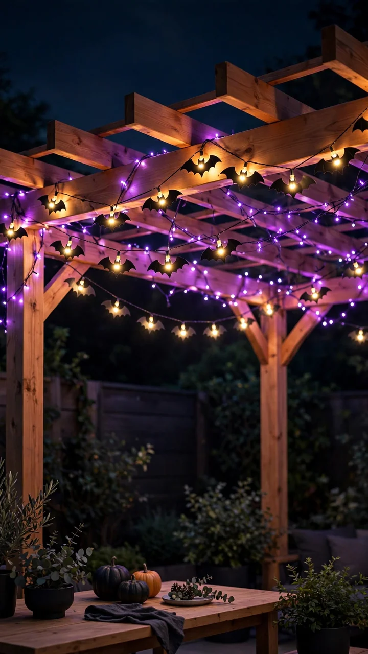 Pergola wrapped with bat shaped string lights and purple lights