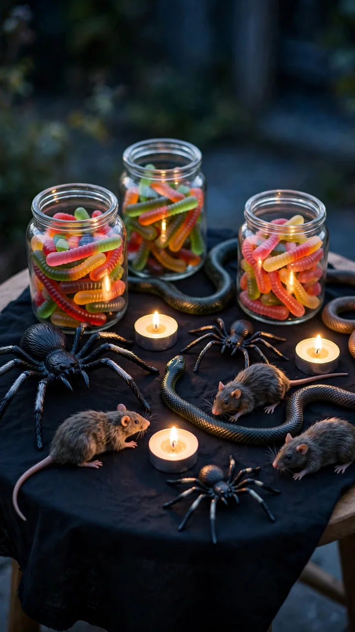 Outdoor side table with plastic spiders, snakes and glowing tea lights