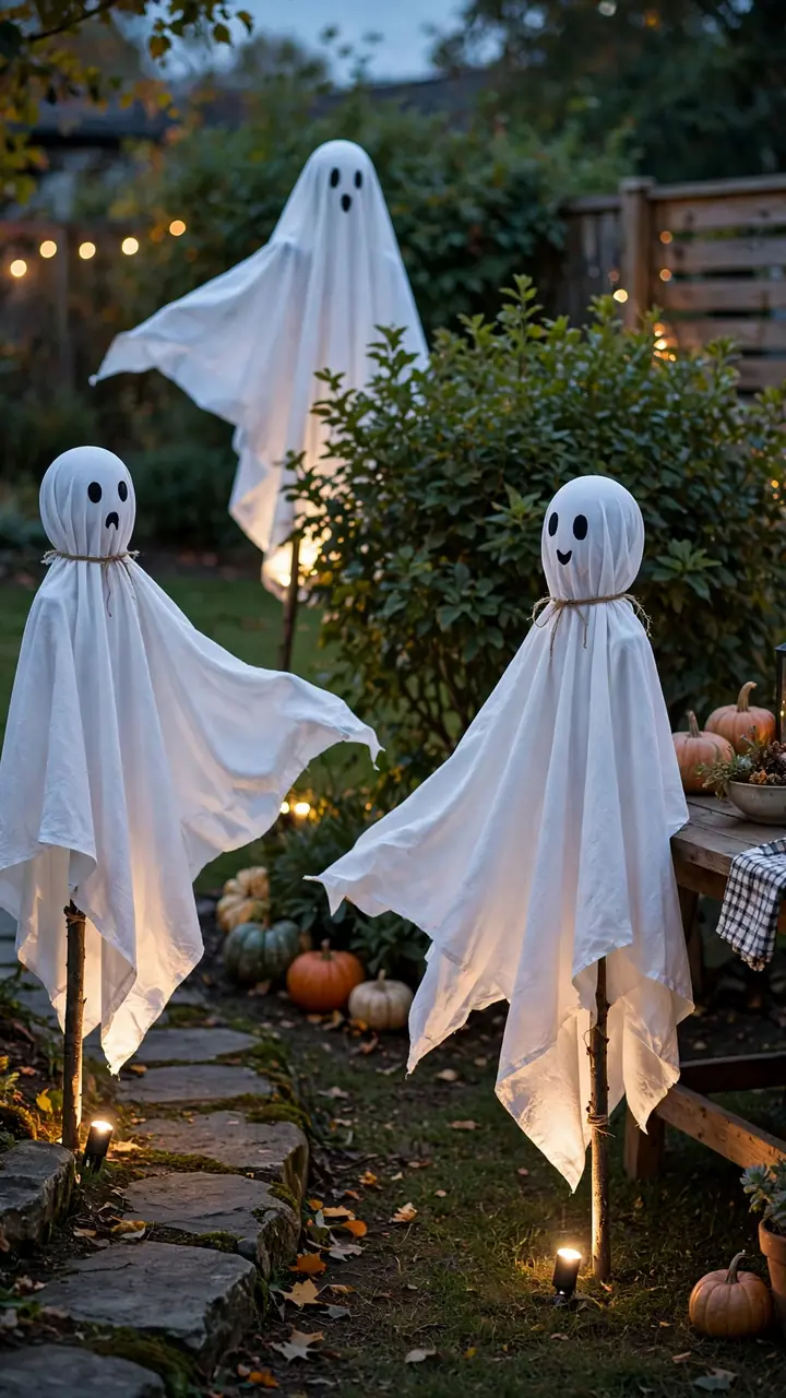 Three white sheet ghosts standing in a backyard at dusk