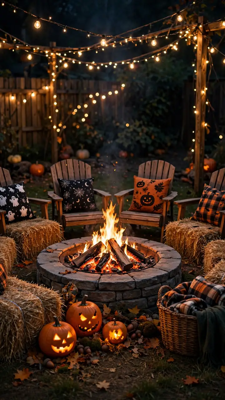Fire pit at night surrounded by chairs, hay bales and glowing pumpkins