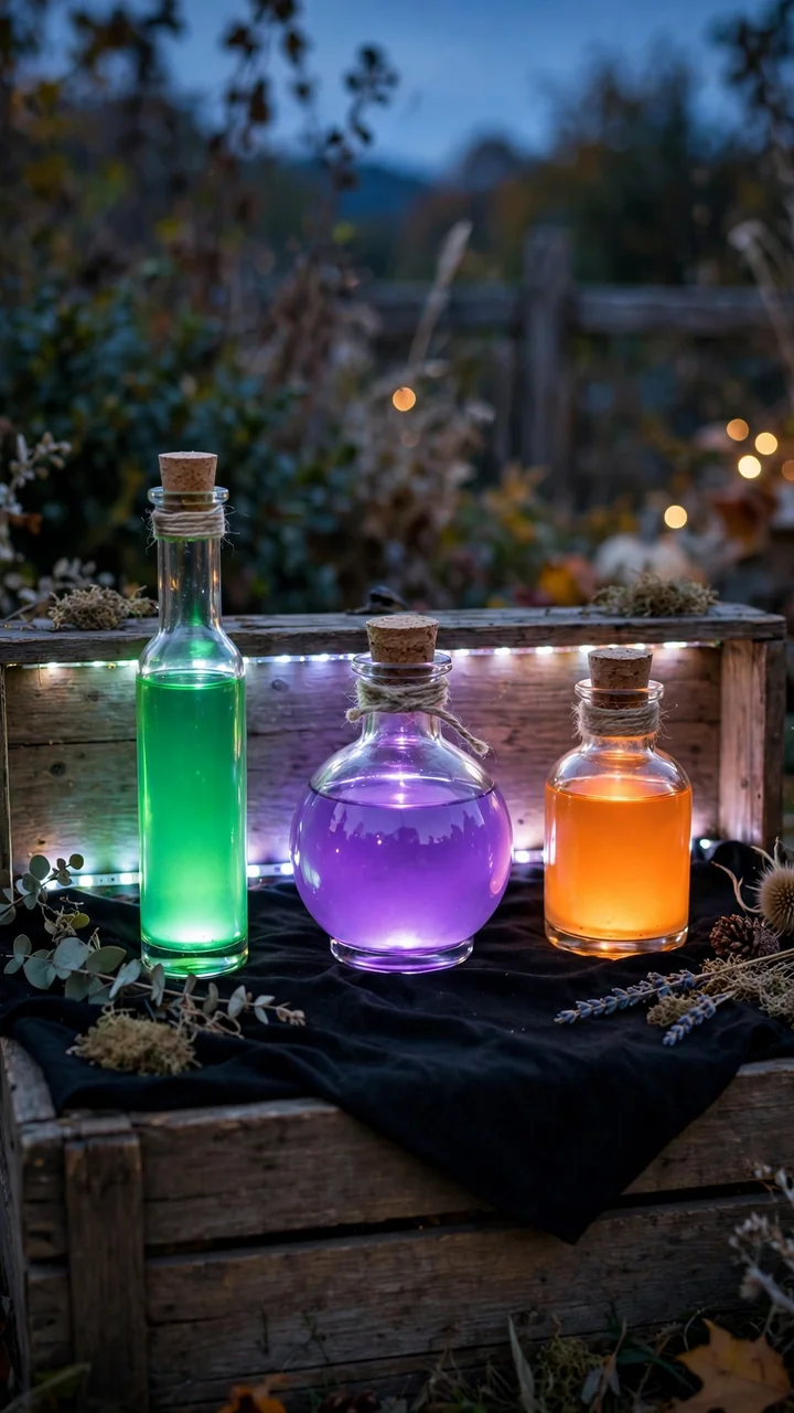 Witch potion bottles with glowing colored liquids on a wooden crate