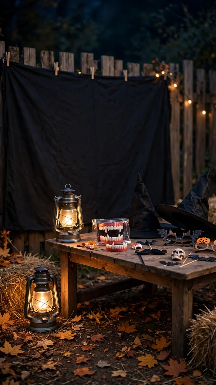 Outdoor Halloween photo booth with dark backdrop and costume props
