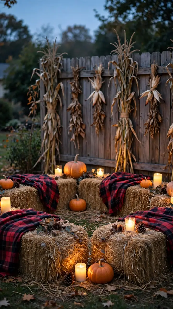 Hay bales with plaid blankets, battery candles and small pumpkins