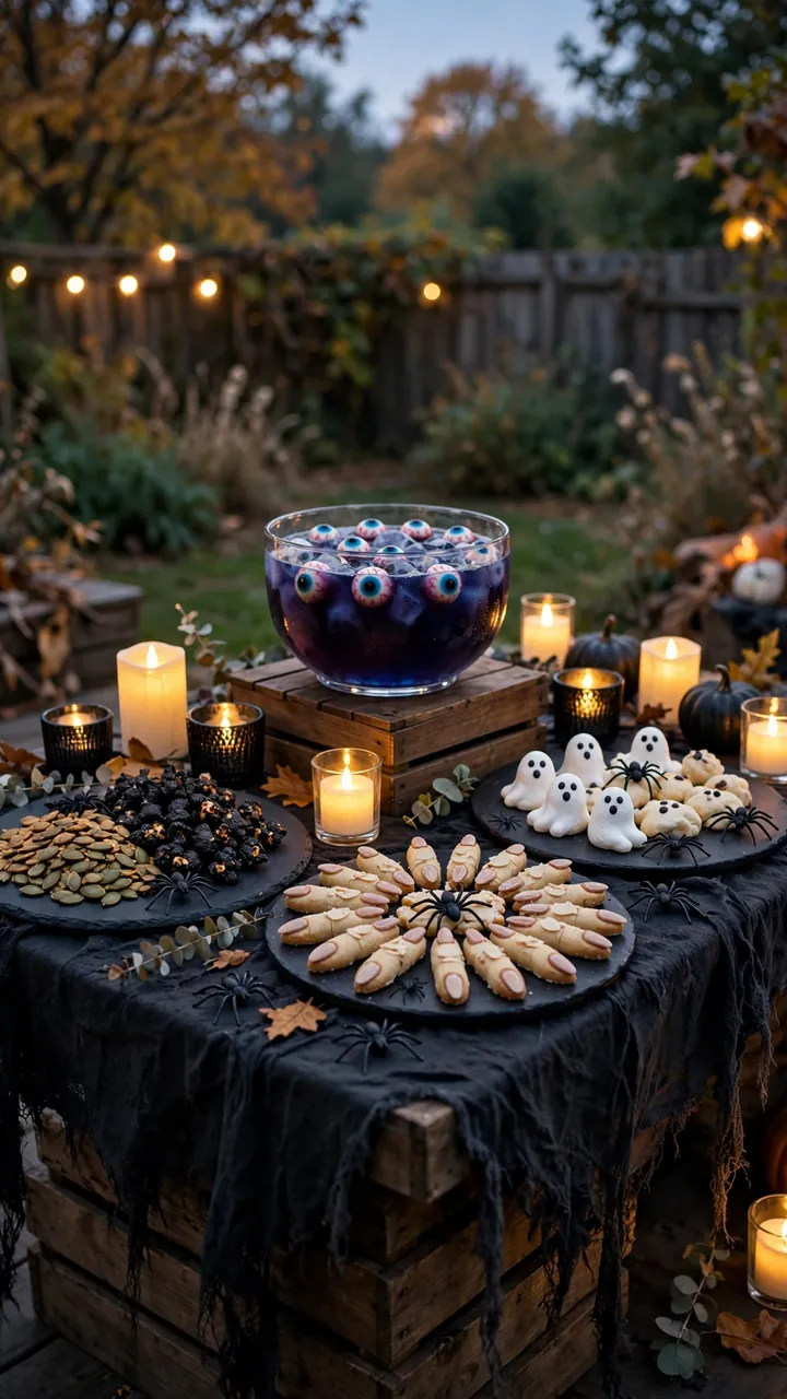 Halloween snack table with spooky foods and a punch bowl with gummy eyeballs