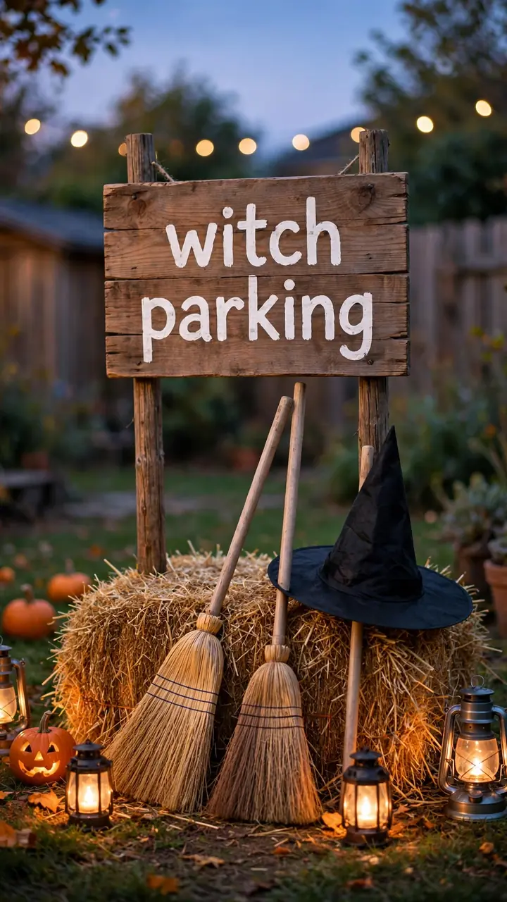 Witch parking station with brooms, a hay bale and glowing lanterns