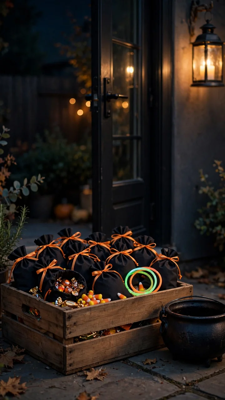 Wooden crate of black favor bags with orange ribbon by a backyard exit
