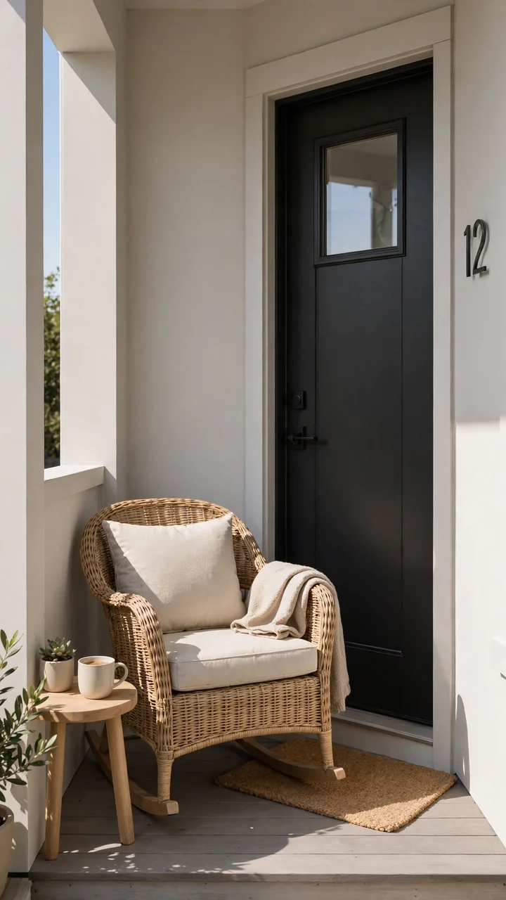 Compact wicker rocking chair with cushion and coffee mug on a narrow front porch