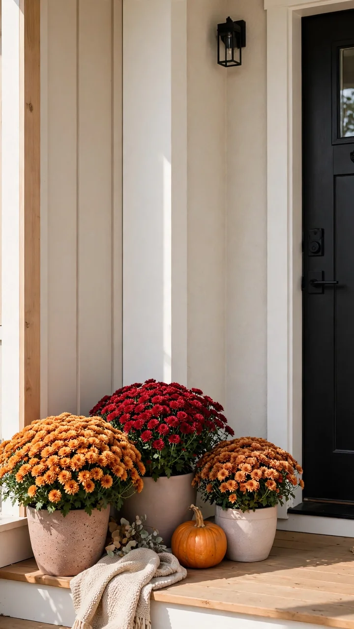 Cluster of potted mums in rust gold and red beside a small front porch door