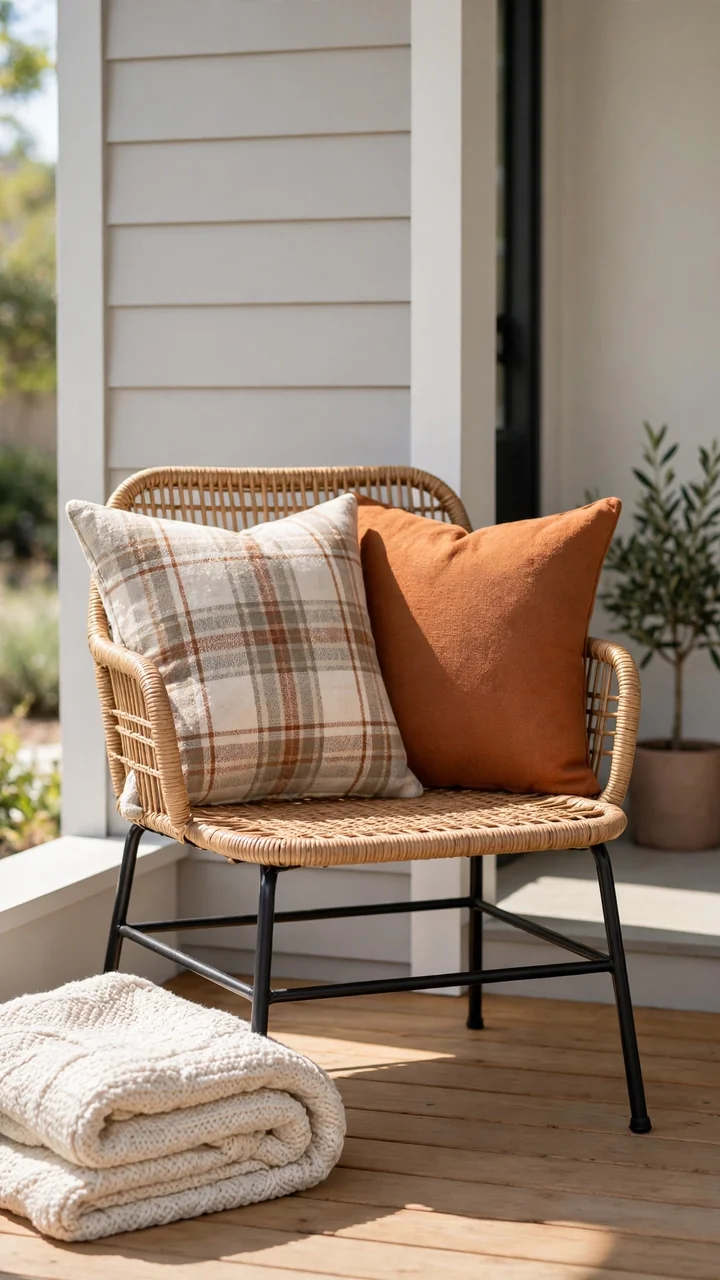 Porch chair styled with plaid and rust throw pillows and a folded knit throw