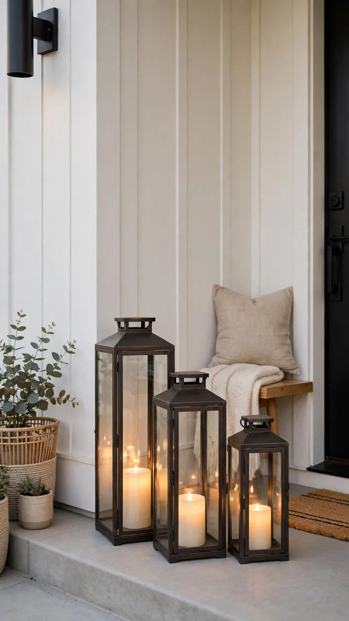 Group of glowing metal and glass lanterns in a small front porch corner