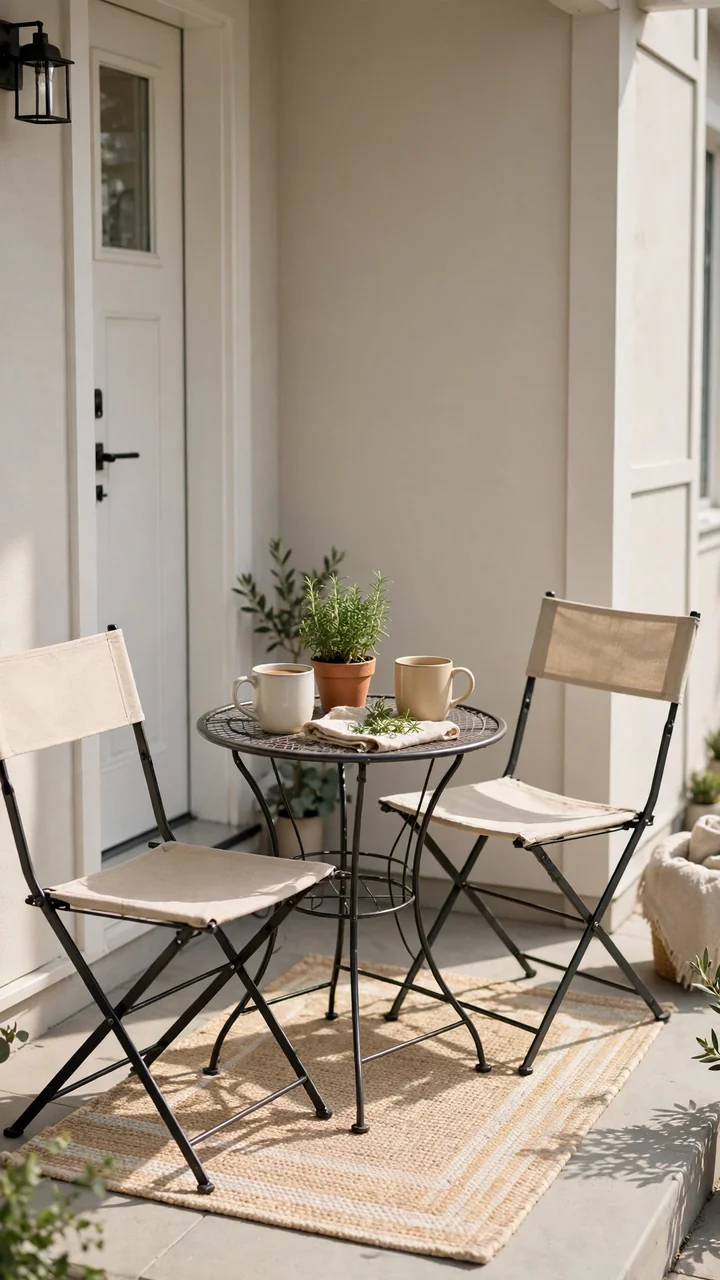Small round bistro table with two chairs, coffee mugs and potted herb on a tiny porch