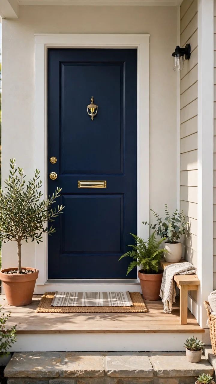 Deep navy painted front door with brass hardware, doormat and potted plants