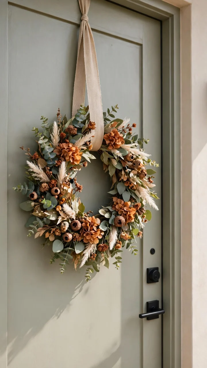 Seasonal eucalyptus and autumn flower wreath hanging on a painted front door