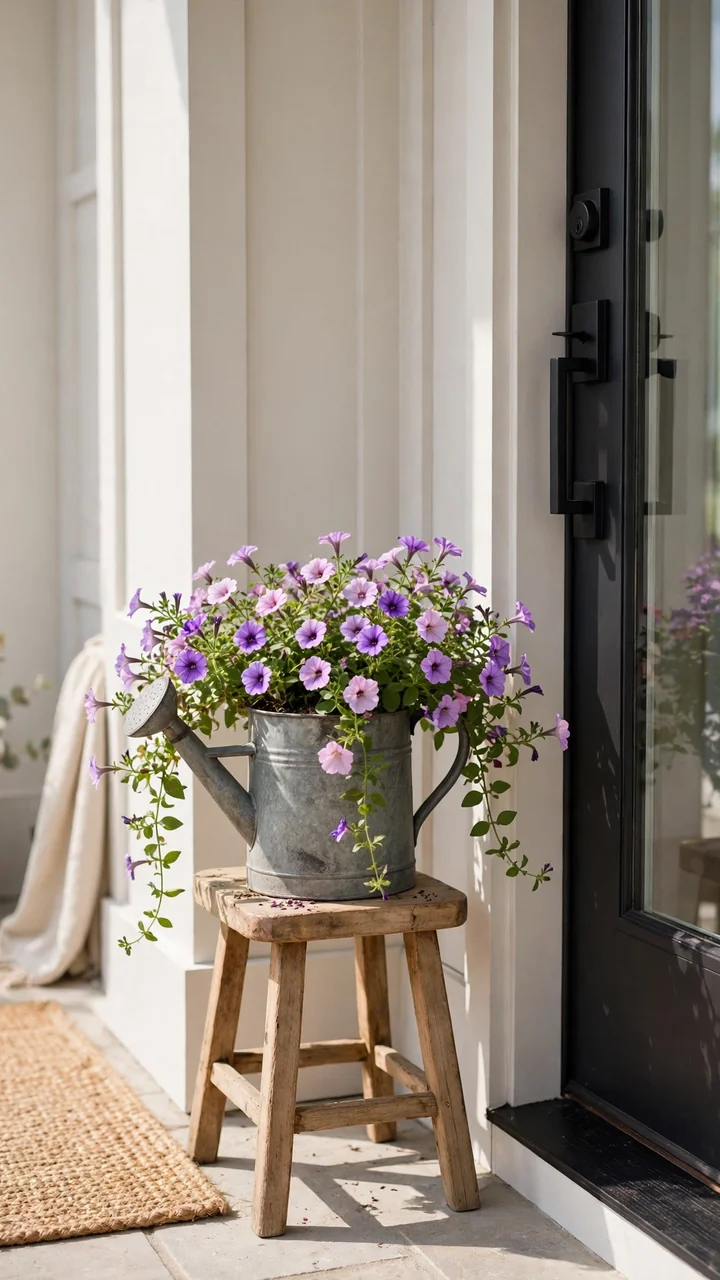 Vintage watering can planter with trailing petunias on a small stool by the door