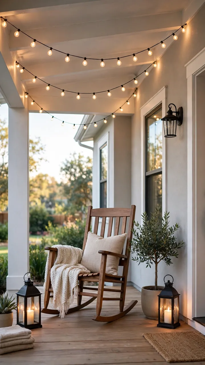 Warm string lights draped across a small front porch ceiling over a rocking chair
