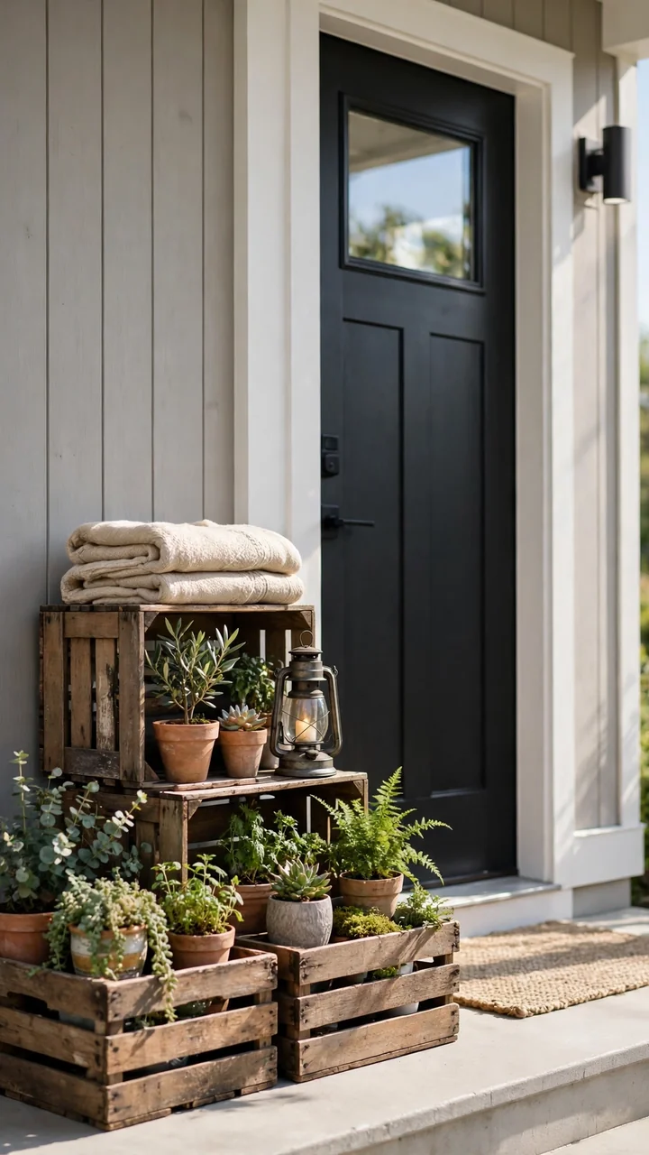 Stacked rustic wooden crates with potted plants and lantern beside a front door