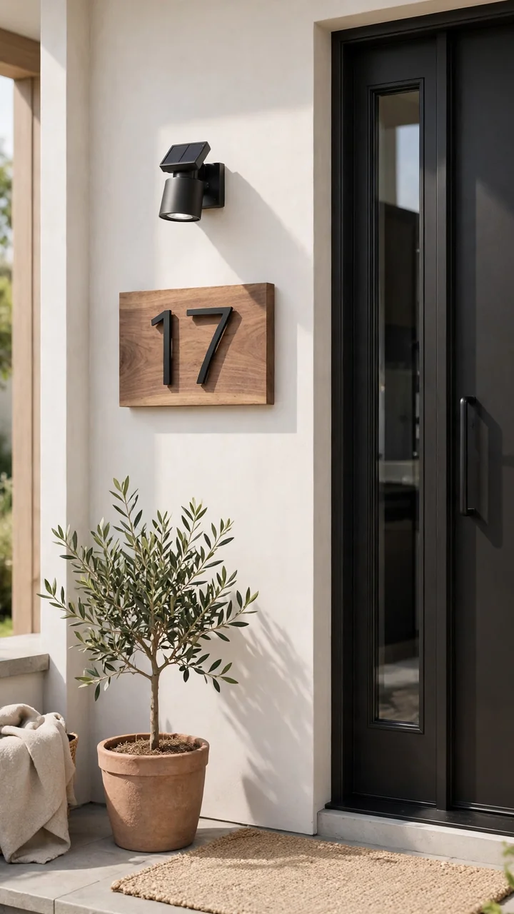 Modern black house numbers on a wooden plaque beside a small front porch door