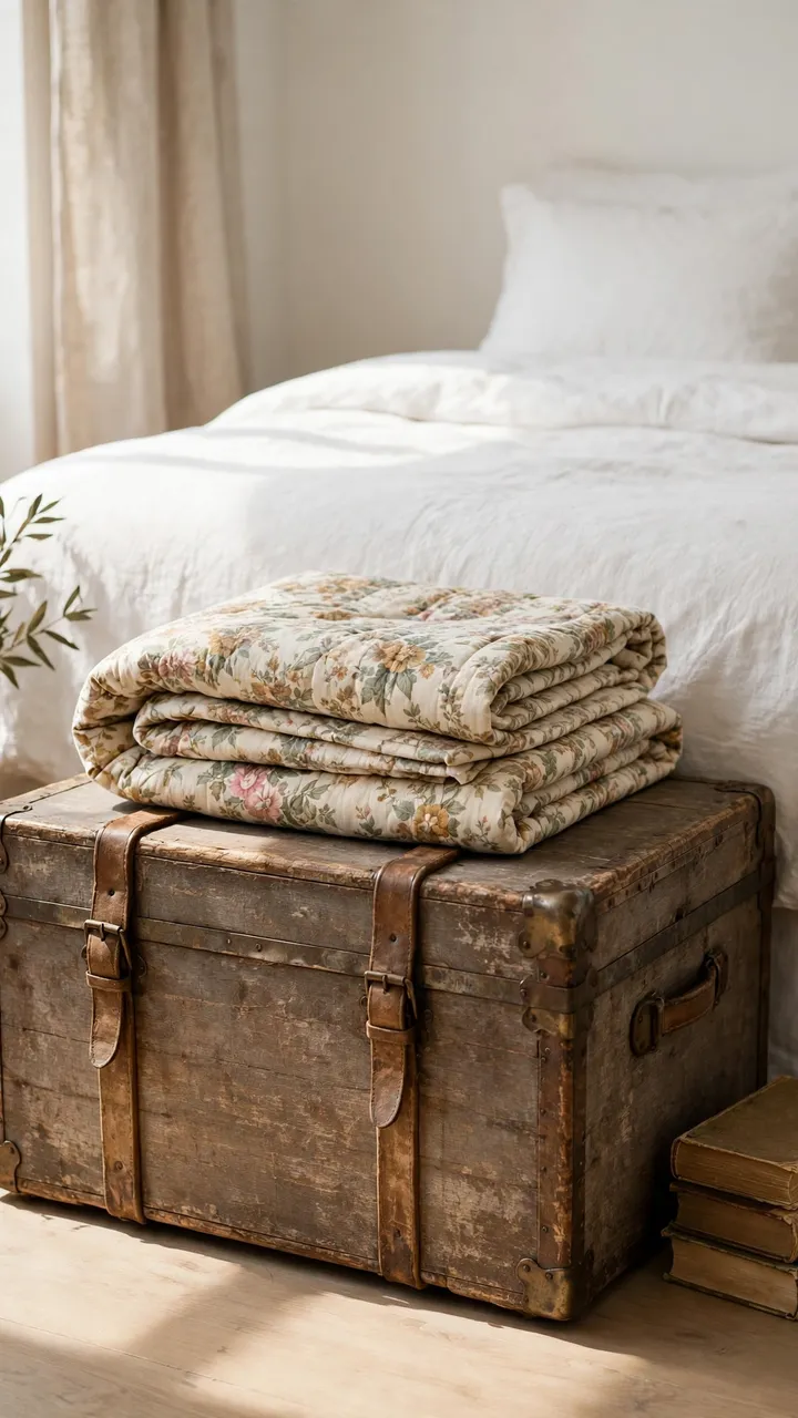 Weathered wooden trunk with leather straps and brass corners at the foot of a bed with white bedding.
