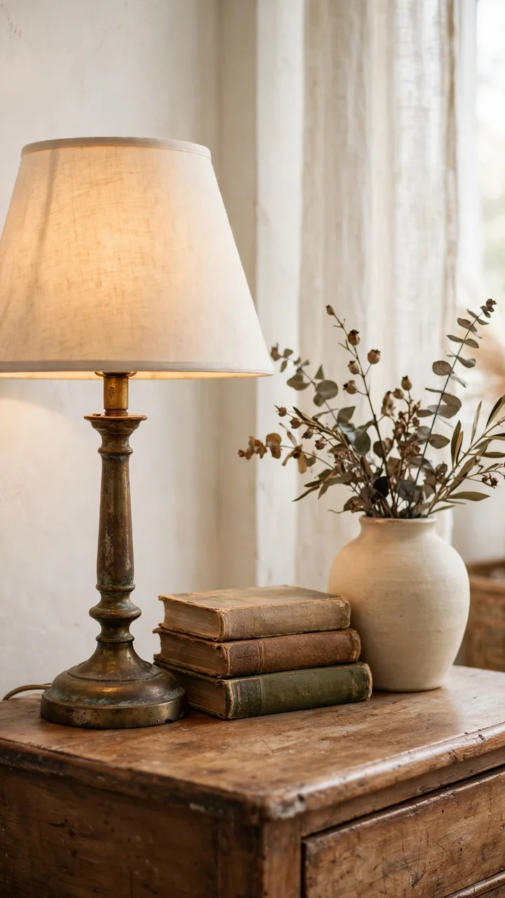 Antique brass bedside lamp with a cream linen shade next to a stack of old books and a ceramic vase.