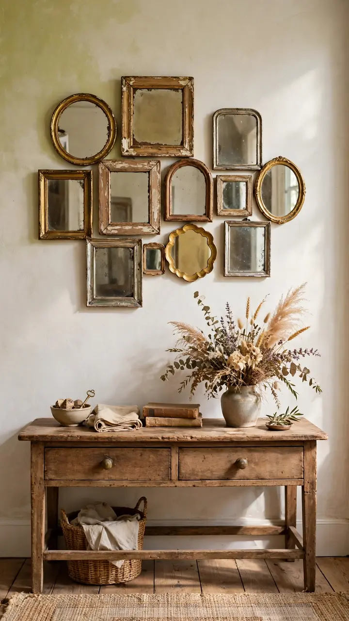 Gallery of small mismatched vintage mirrors in old gold, chipped wood, and silver frames above a console table.