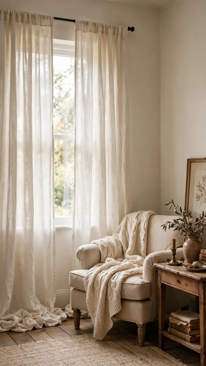 Soft wrinkled cream linen curtains at a living room window with daylight filtering through the weave.