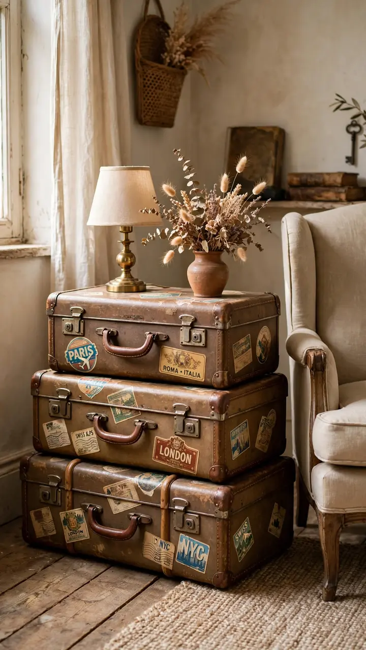 Stack of three vintage hard-sided suitcases with leather handles beside an armchair, with a lamp and dried flowers on top.