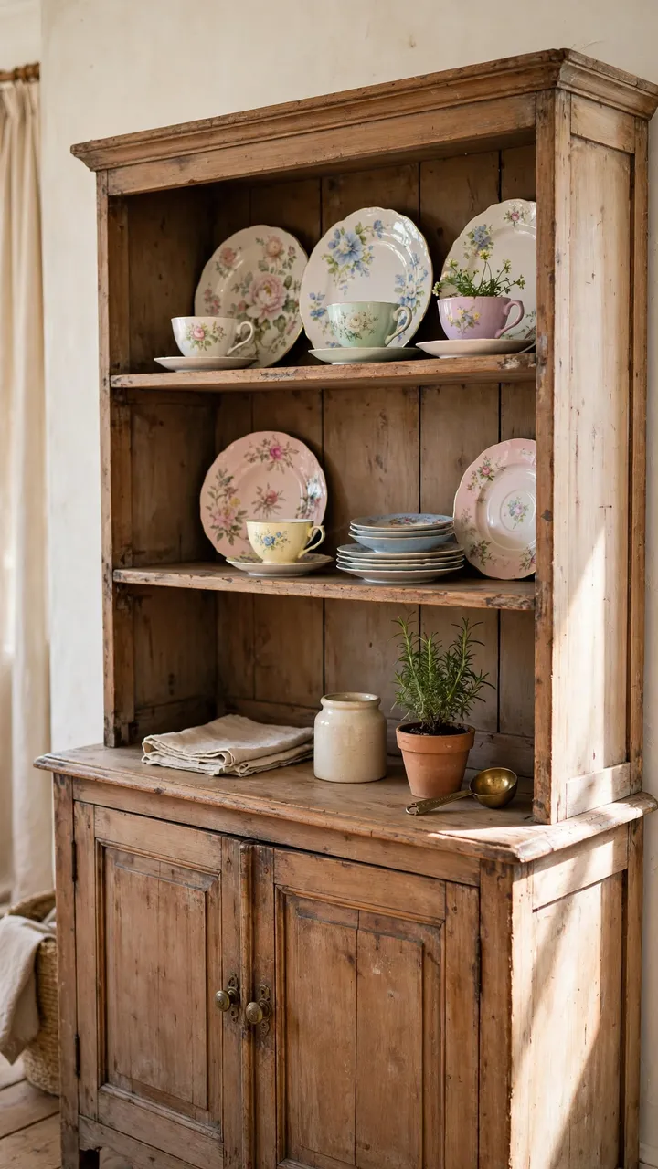 Wooden hutch shelves displaying mismatched floral china plates, teacups, and saucers in pastel patterns.