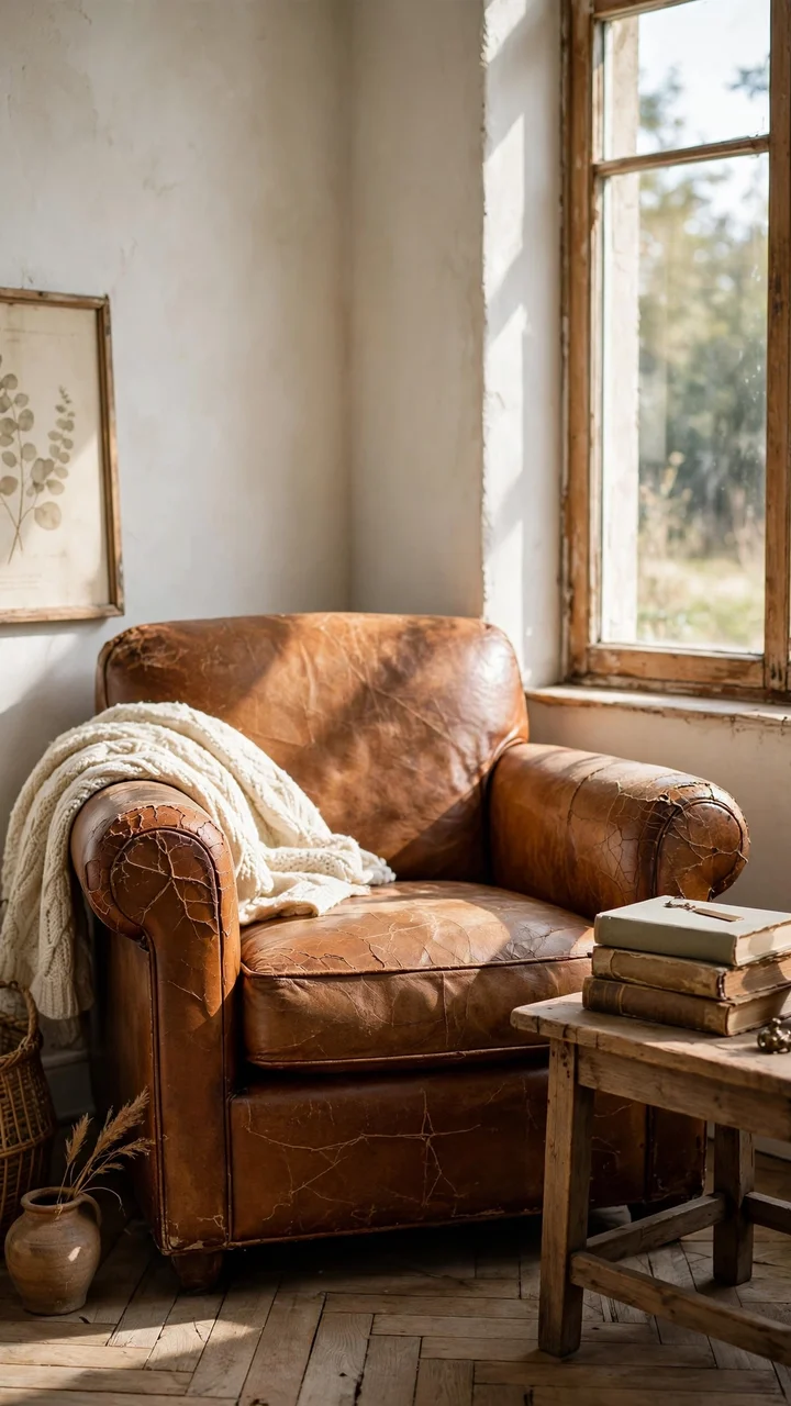 Reading corner with an aged caramel leather armchair, knit throw, and a side table with stacked books and a candle.