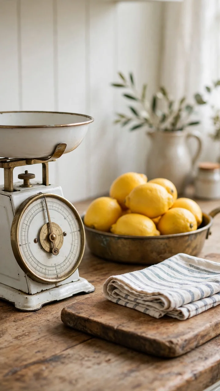 Vintage white enamel and brass kitchen scale with a brass pan of lemons on a kitchen counter.