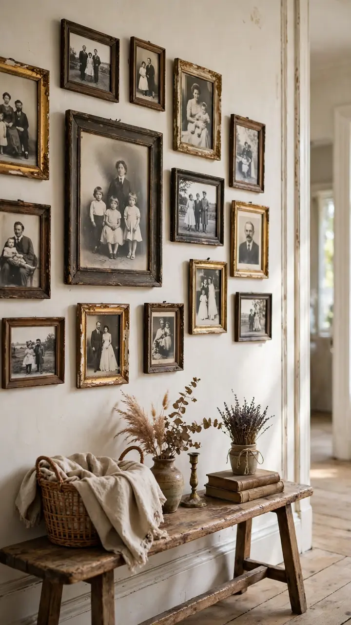 Hallway gallery wall of timeworn chipped gold and dark wood frames holding black and white family photos.