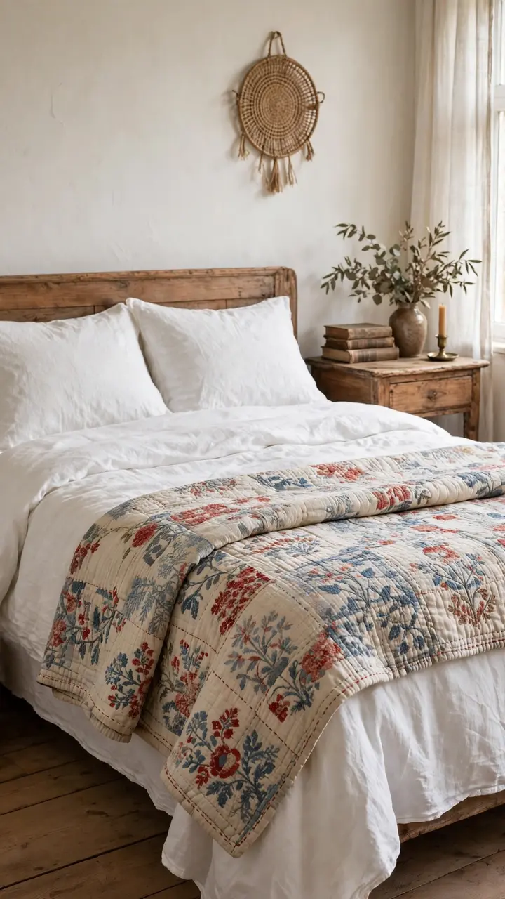 Bed with white bedding and a hand-stitched vintage floral quilt in faded reds and blues folded at the foot.