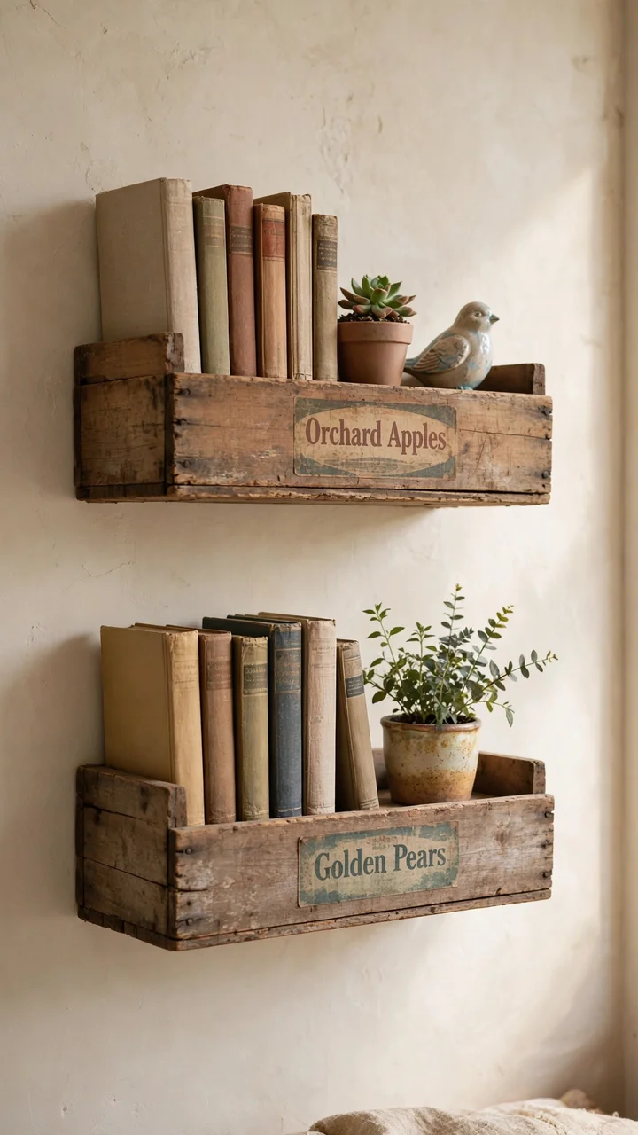 Two rustic wooden crates with faded fruit labels mounted on a bedroom wall as shelves holding books, a plant, and a ceramic bird.