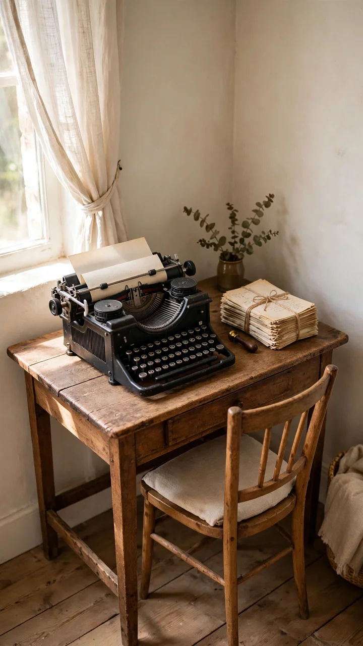 Small wooden desk in a living room corner with a black vintage typewriter and a stack of old letters tied with string.