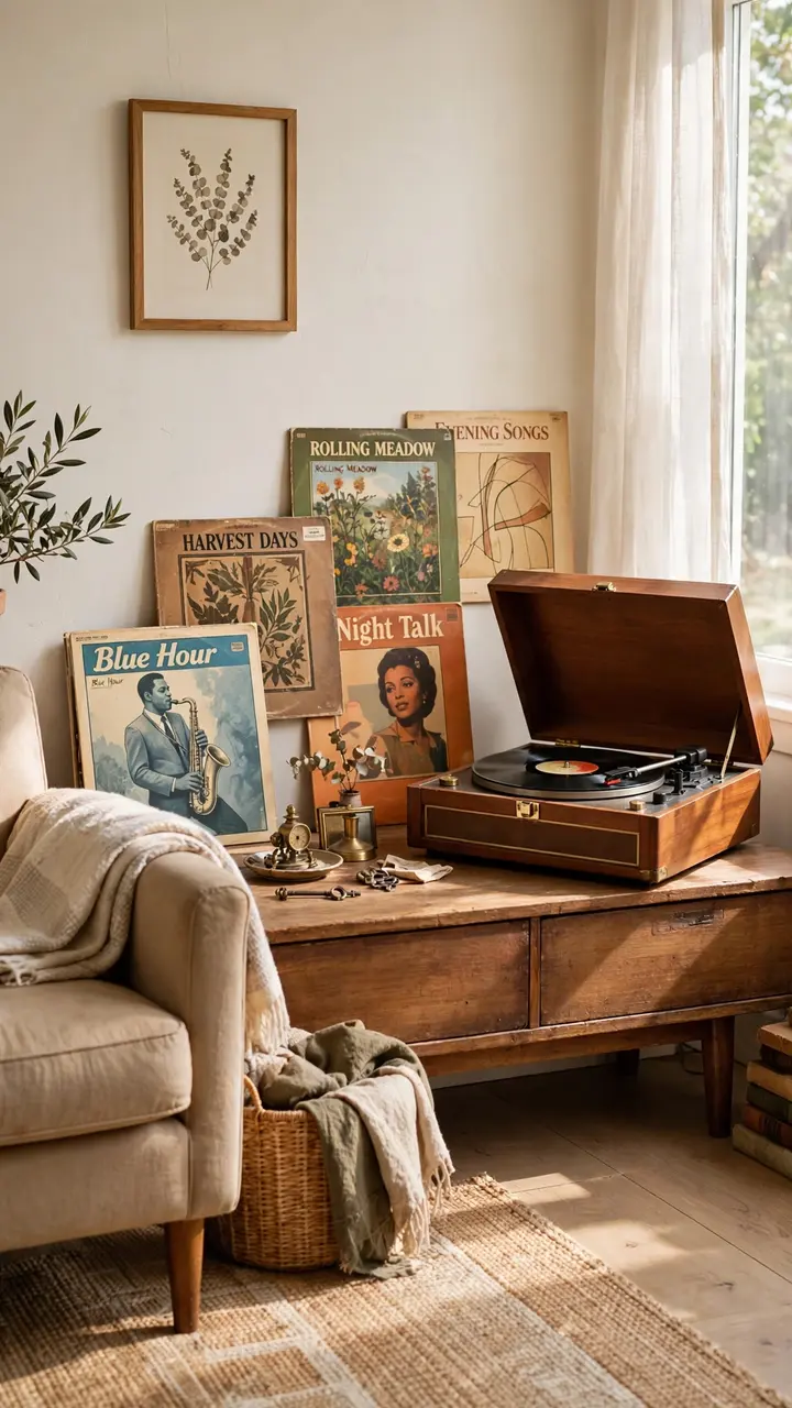 Low wooden console with a vintage record player in a wood case and vinyl sleeves leaning against the wall.