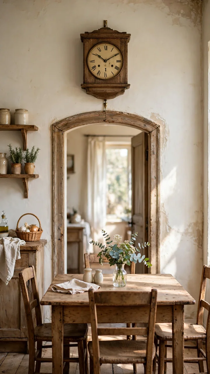 Vintage wooden wall clock with a cream face hung above a doorway over a wooden dining table with flowers.