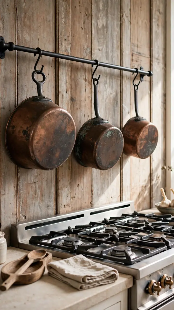 Kitchen wall rail with aged copper pots hanging from hooks above a stove, with a spoon rest and folded linen towel.