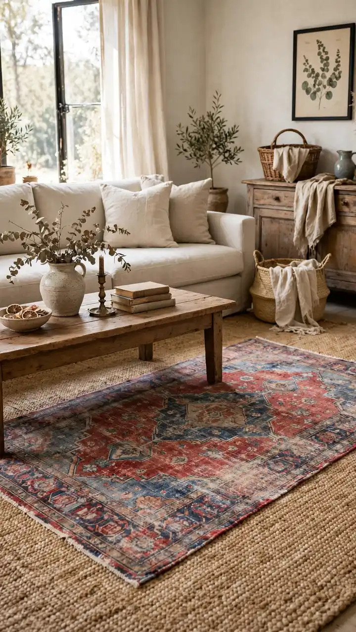 Living room with a large jute rug layered with a smaller faded vintage rug in reds and blues under a coffee table.