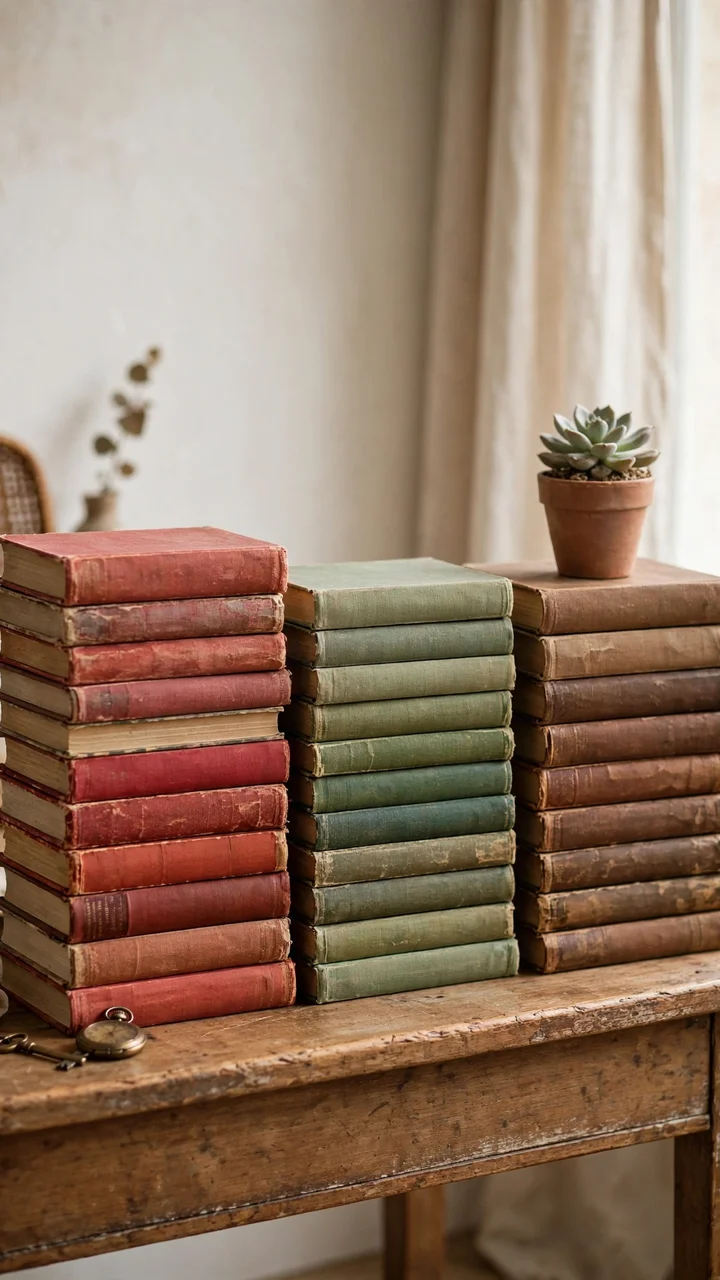 Side table with tall stacks of old books with worn cloth covers sorted by color and a small succulent on top.