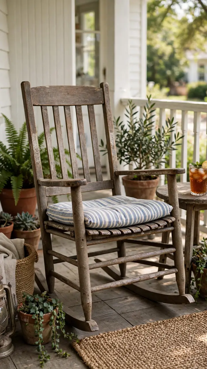 Front porch with a vintage wooden rocking chair, ticking stripe cushion, a glass of sweet tea, and potted plants.